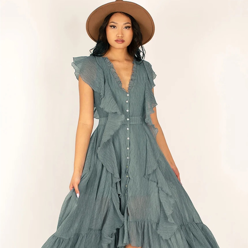 Elegant Blue Ruffle Maxi Dress